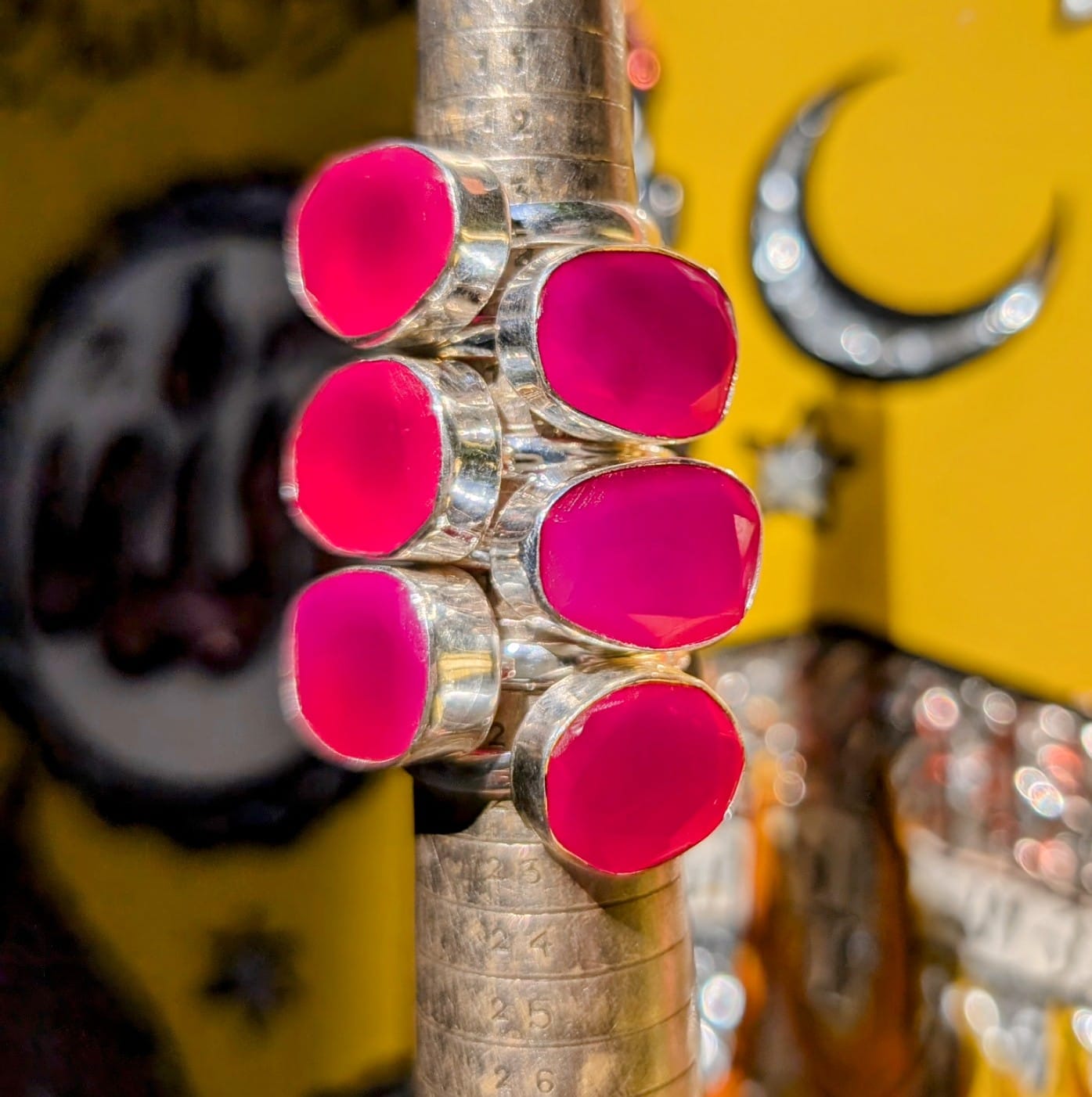 Some seriously stunning , sunshine colour flashing, vibrant hot pink stones in a silver setting.

We source stones directly, choosing every one to be made into rings in India, such a juicy job!

 

Silver, dyed chalcedony 

Stone approx 1.7 x 1.2cm

 