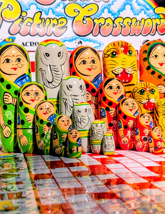 Magical nesting Indian /Russian dolls, 5 layers of joy!

Hand turned and painted , these are village made, most beautifully by traditional trained toymakers, we love them!!

Largest approx 16 x 16 x 5.5cm.

 

 

 

 
