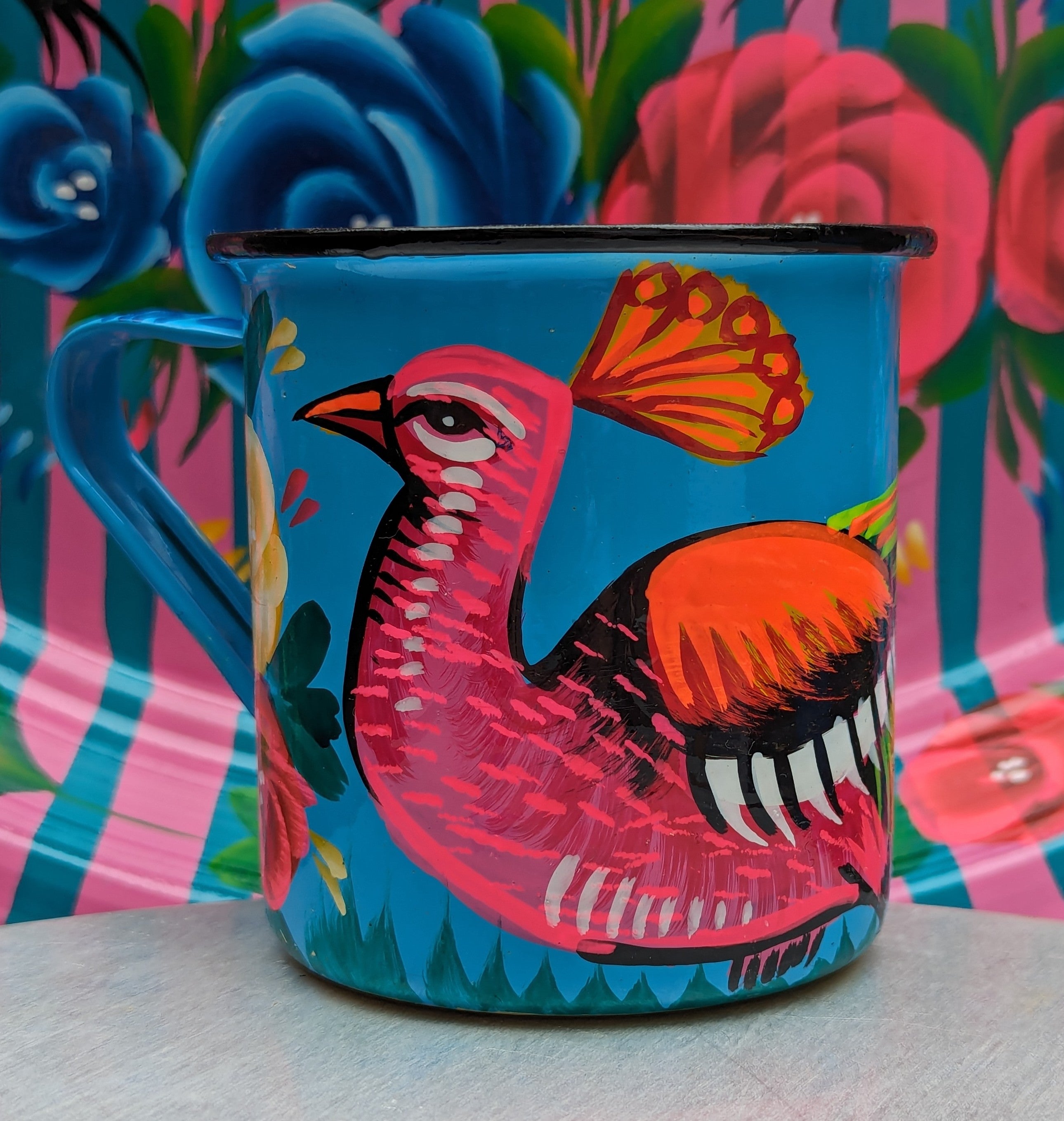 Painted truck art enamel mugs - blues