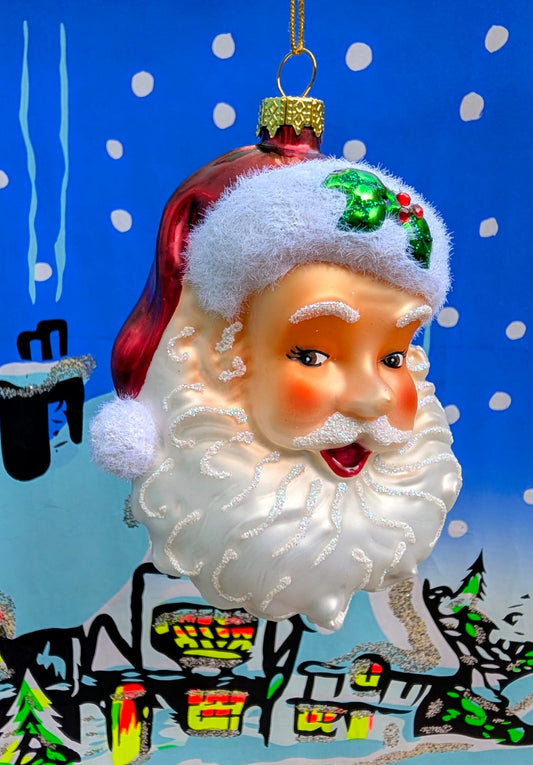 Cheeky happy Santa  bauble, based on vintage American Christmas advertising artwork 💖

Hand made, painted and glittered for pure joy!!

Size 10cm x 8cm x 5.5cm

Glass.
Cody Foster & co 