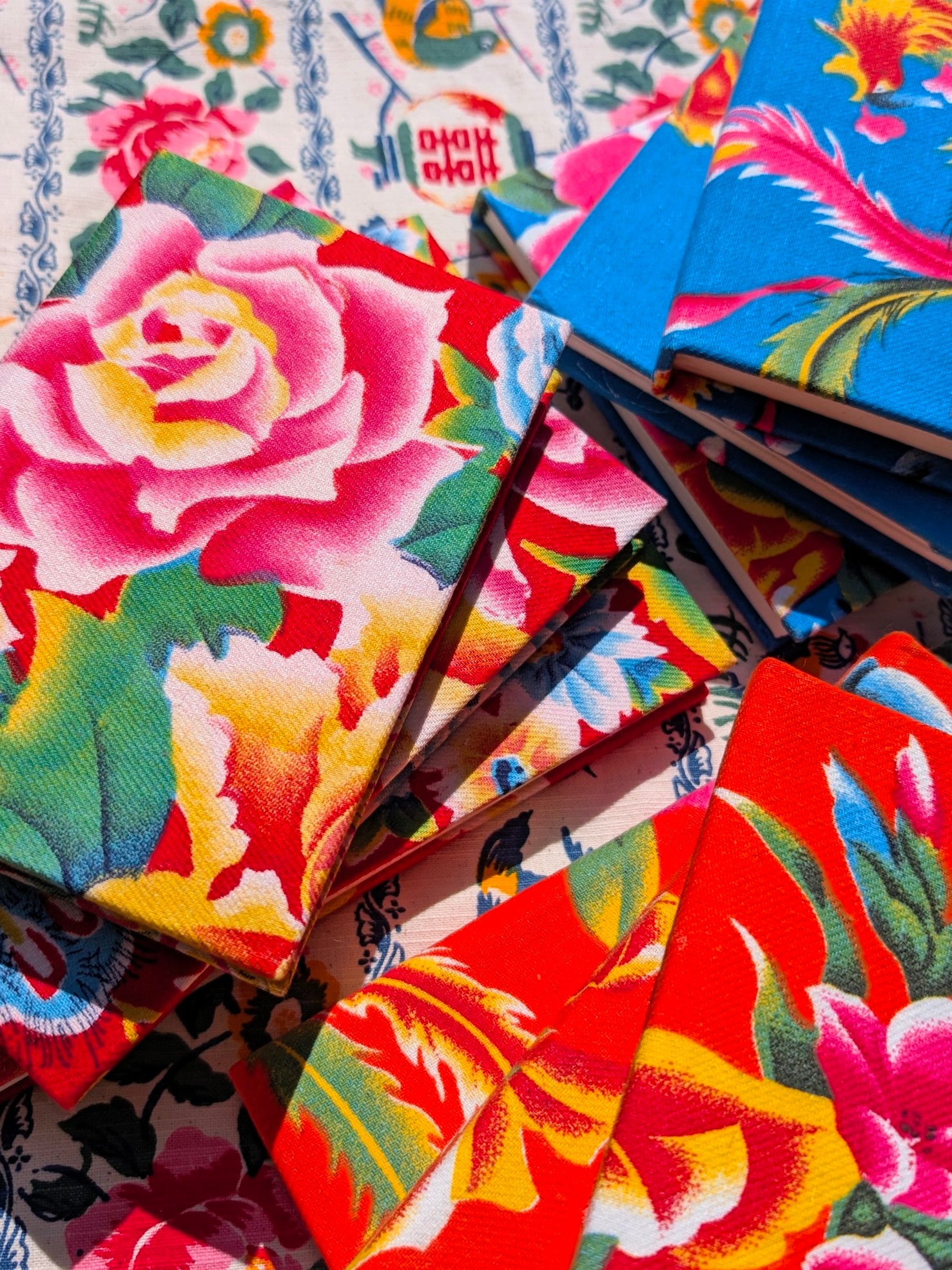 Handmade hardback rag paper notebooks - peony fabric