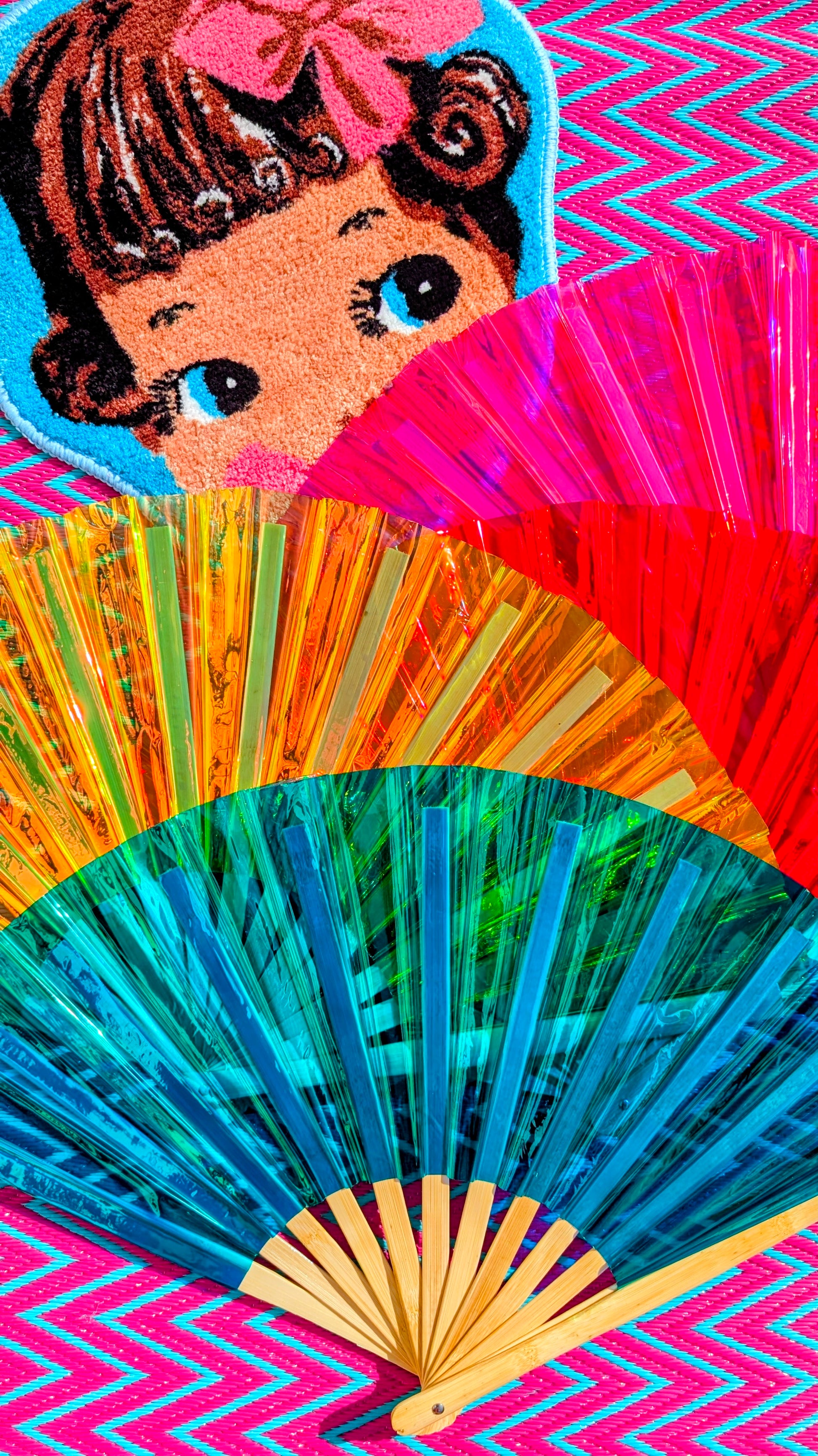 Big, glowing, beautiful iridescent fans,for dancing, parties, festivals and glam steamy menopause moments!!

Also make fabulous display pieces on walls or shelves

Beautifully made from bamboo and iridescent plastic

 60cm x 34cm when open. 