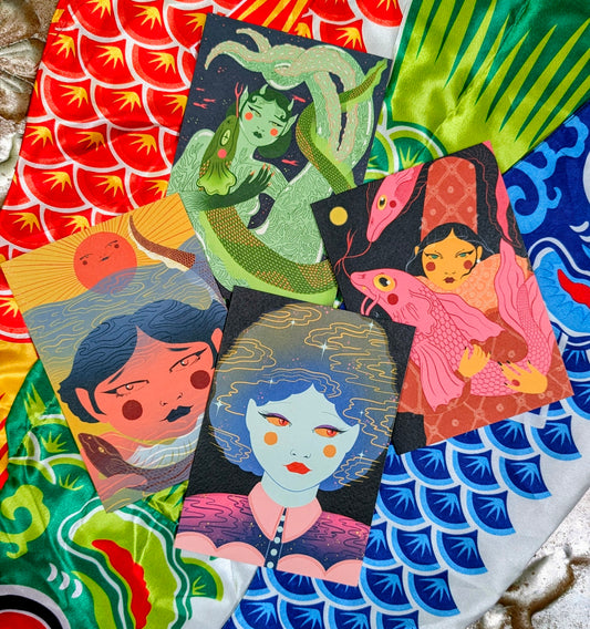 Sirens and goddesses set of 4 feminine folkloric inspired cards.

We think these will end up being framed by whoever is lucky enough to receive them!!

Illustrations by Piece of the Peach.

Set of 4 cards with envelopes.

15cm x 10.5cm 