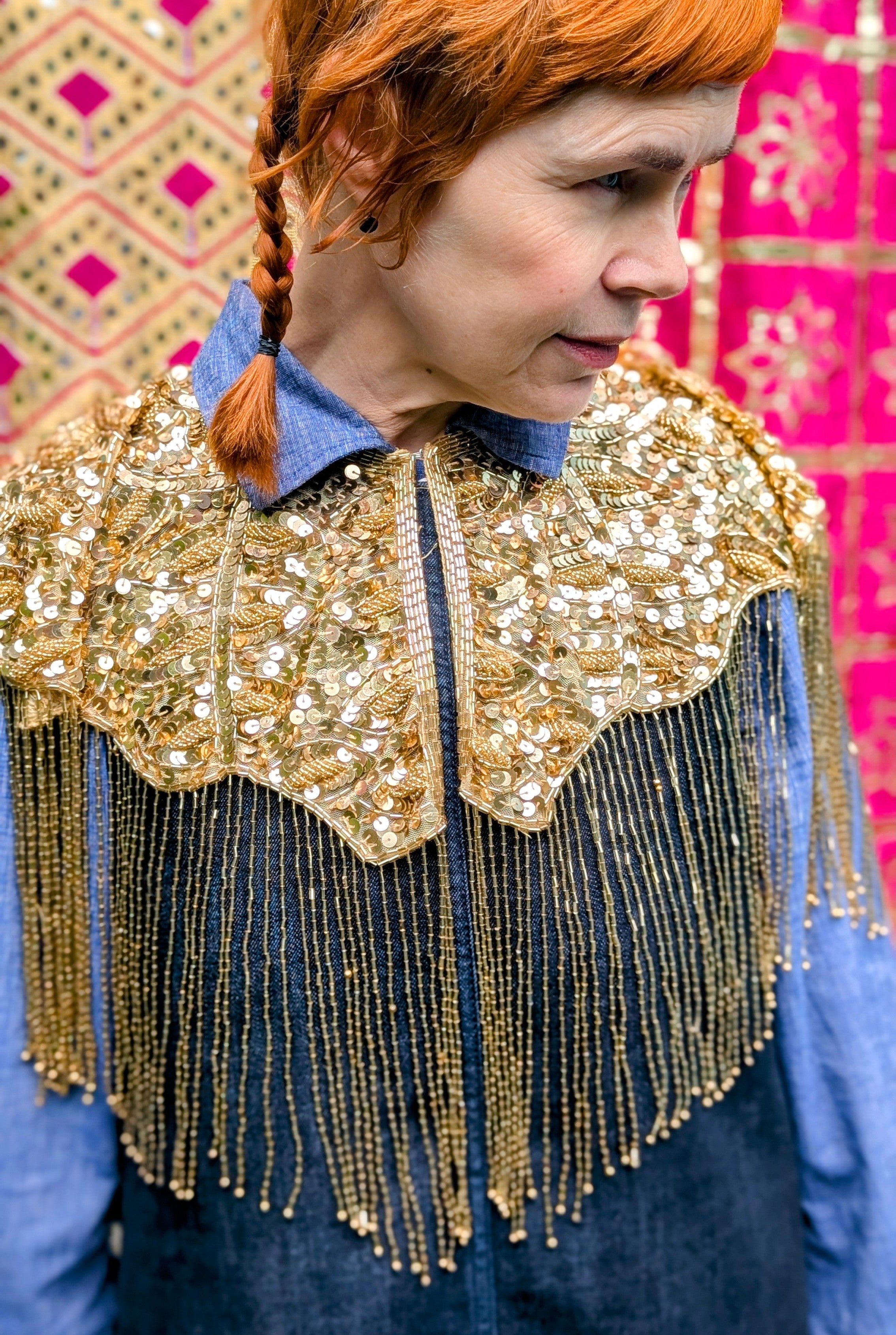 Encrusted gold or silver sequin cape