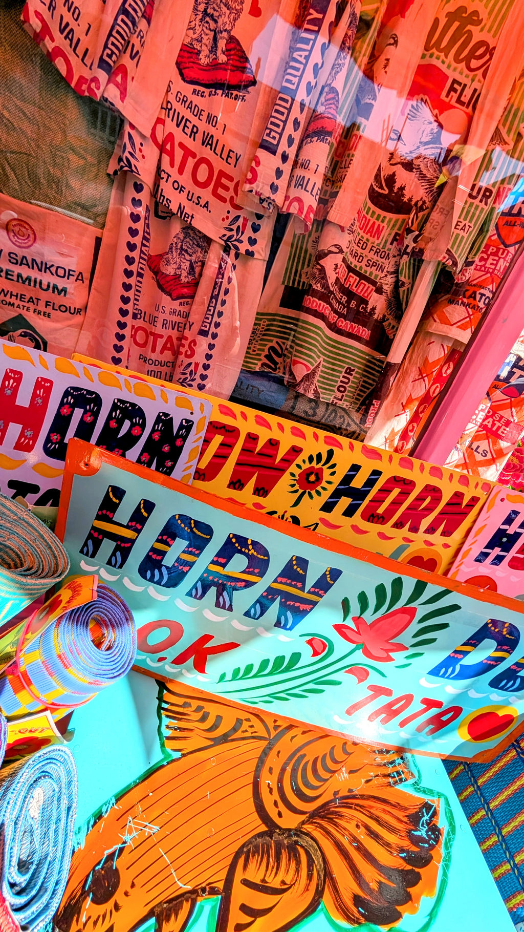 The classic Horn Please signs, painted on all trucks, buses, tractors and rickshaws in India!!

Sturdy metal panels with beautiful and rustic painting by the painters that decorate pick up trucks and buses in Delhi!

Decorate doors ,walls and sheds!!

Approx 72 x 30 cm

Powder coated steel with enamel paint, small scratches and imperfections are part of the process and charm!
