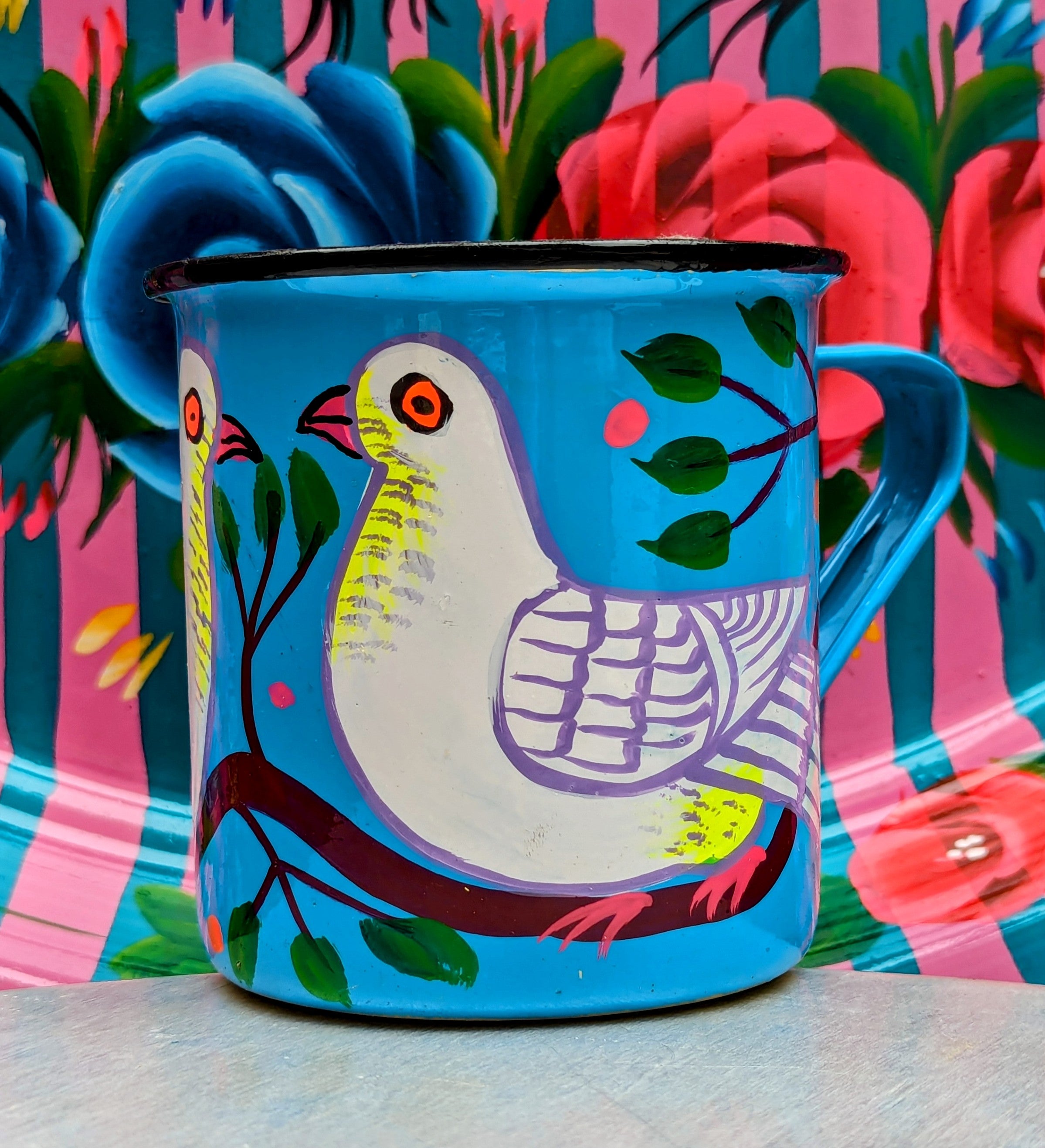 Painted truck art enamel mugs - blues