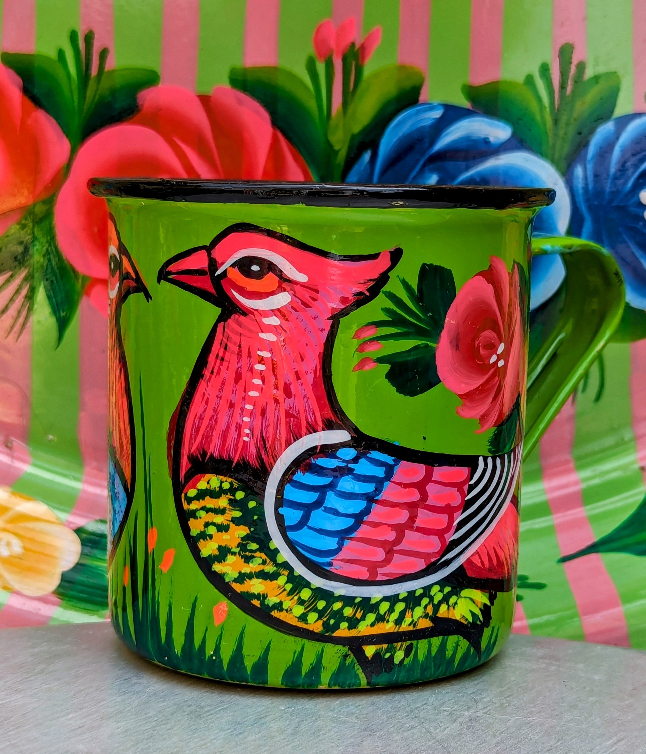 Painted truck art enamel mugs - greens