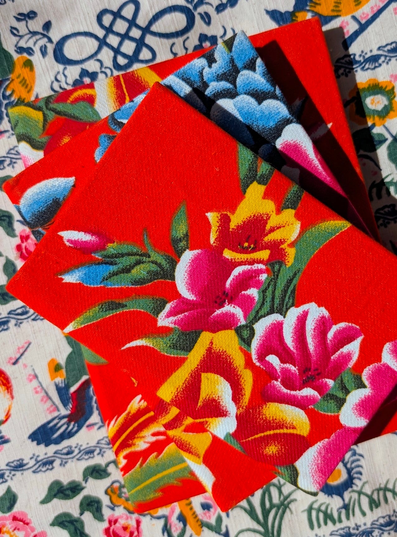 Handmade hardback rag paper notebooks - peony fabric