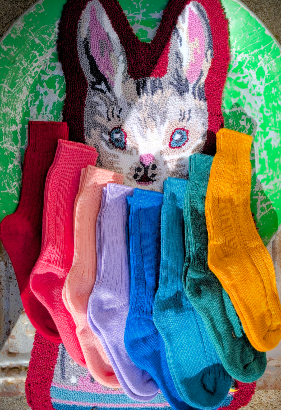 An absolute rainbow of cosy , gorgeous socks, crafted from recycled wool.

We have mix and match knits for a full rainbow ! soft rib and a textured cable knit.

A colour for every outfit!, and great with ankle boots or clogs!

One size fits UK 3.5 to 7

50% Recycled Wool, 46% Polyester, 3% Acrylic, 1% Elastane. 

Wash with non bio, 30 degrees, shape to dry.

 