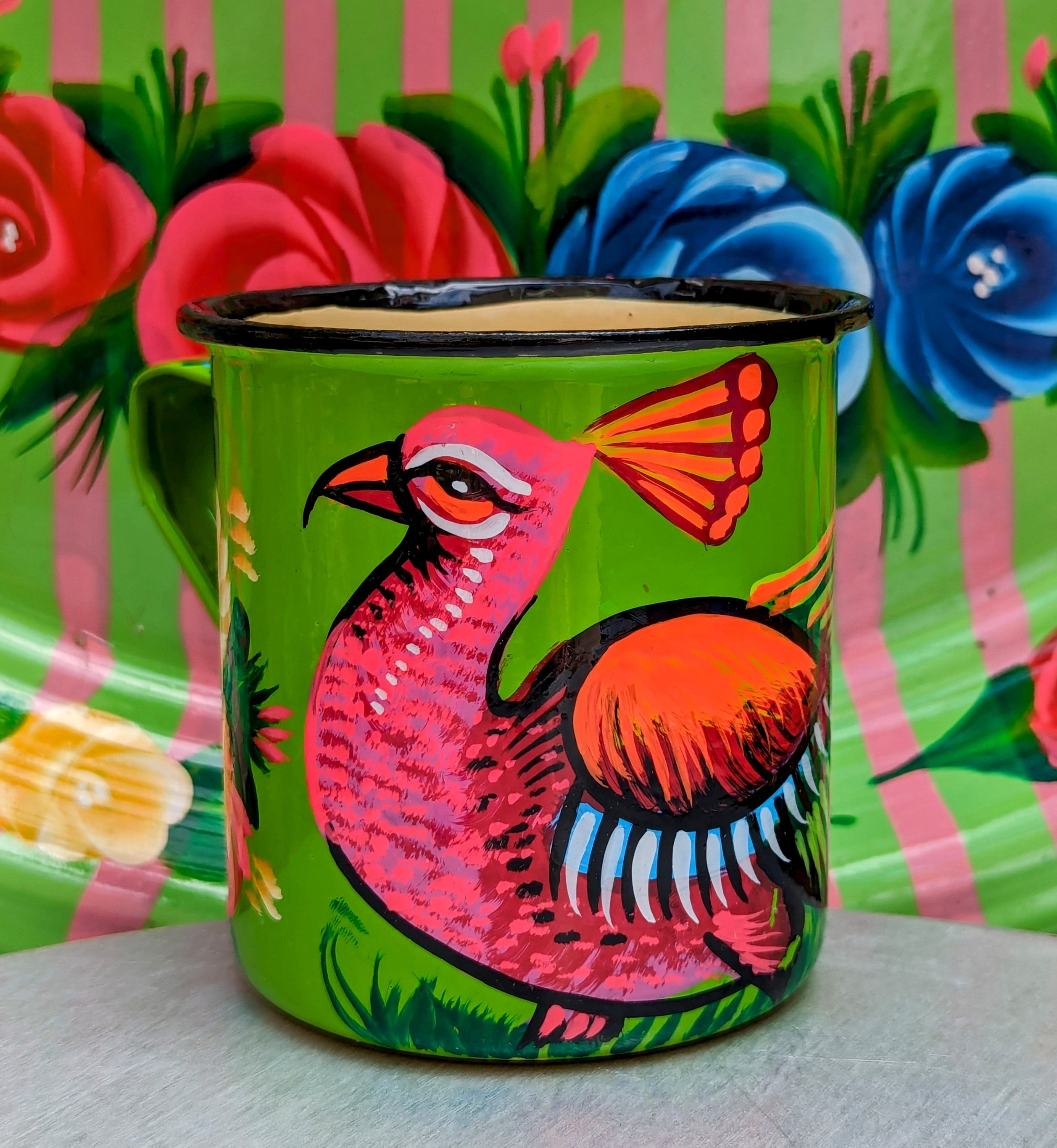 Painted truck art enamel mugs - greens