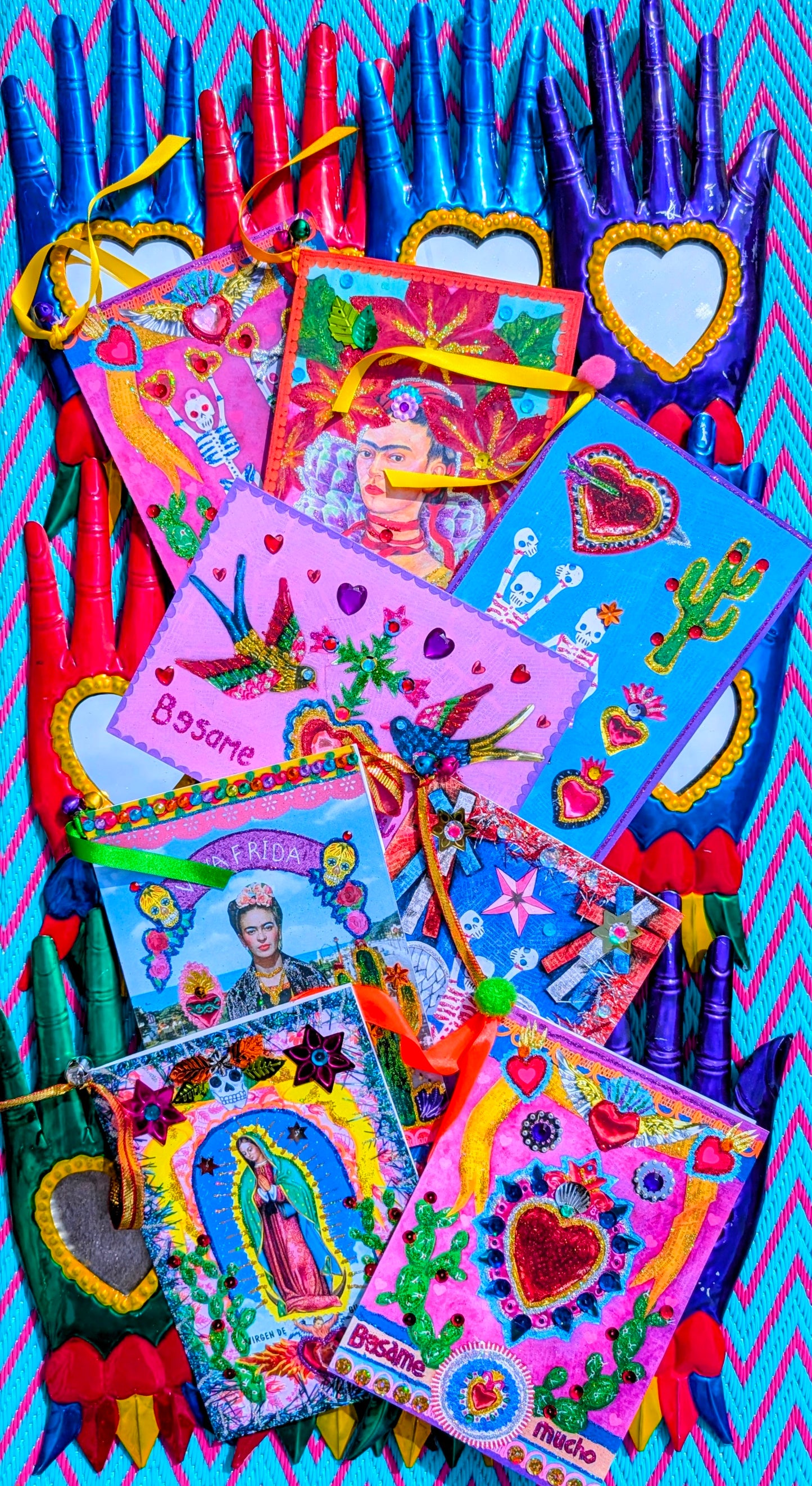 Fabulous handmade maximalist Mexico style cards, designed, hand glittered and  ribbon trimmed in the UK by artist Louise Clarke. These will be kept we are sure by whoever is lucky enough to receive one! and look great framed up too! Besame Mucho (many kisses) something we all need!!

Birthdays, weddings, Day of the Dead or anniversaries are made that much more interesting with a bit of art!!

Large card, A5

21cm x 15cm