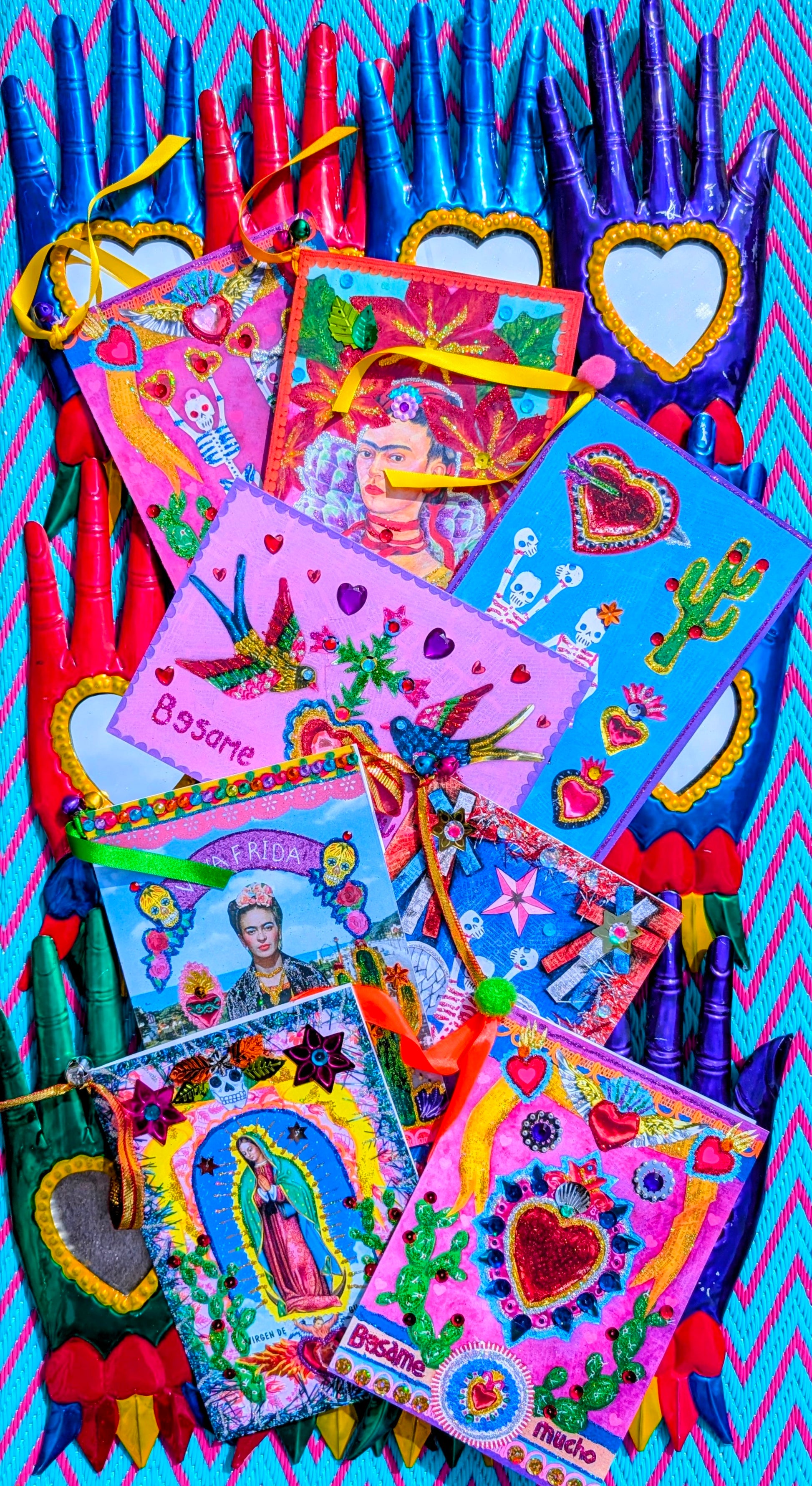 Fabulous handmade maximalist Mexico style cards, designed, hand glittered and  ribbon trimmed in the UK by artist Louise Clarke. These will be kept we are sure by whoever is lucky enough to receive one! and look great framed up too! Besame Mucho (many kisses) something we all need!!

Birthdays, weddings, Day of the Dead or anniversaries are made that much more interesting with a bit of art!!

Large card, A5

21cm x 15cm