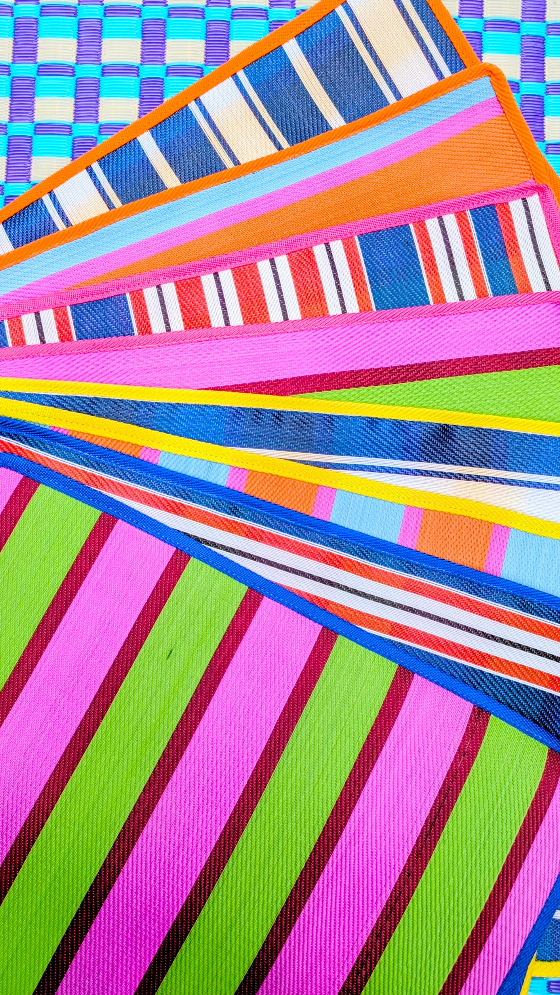 These placemats are made from super stripey Indian woven recycled plastic, usually used for shopping bags, but we thought that they would be fabulous for place mats as they can be washed and are bold and beautiful too!!

Each has two different designs, back and front, so you can flip it if you fancy!

Size 

Hand wash

 