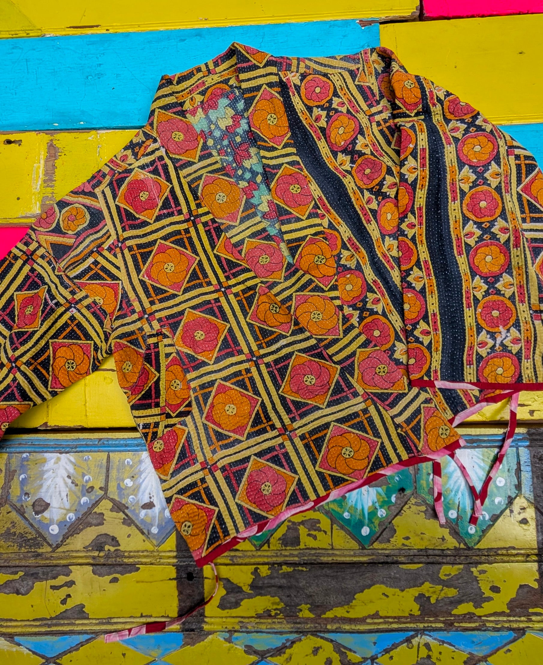 Graphic crop kantha jacket