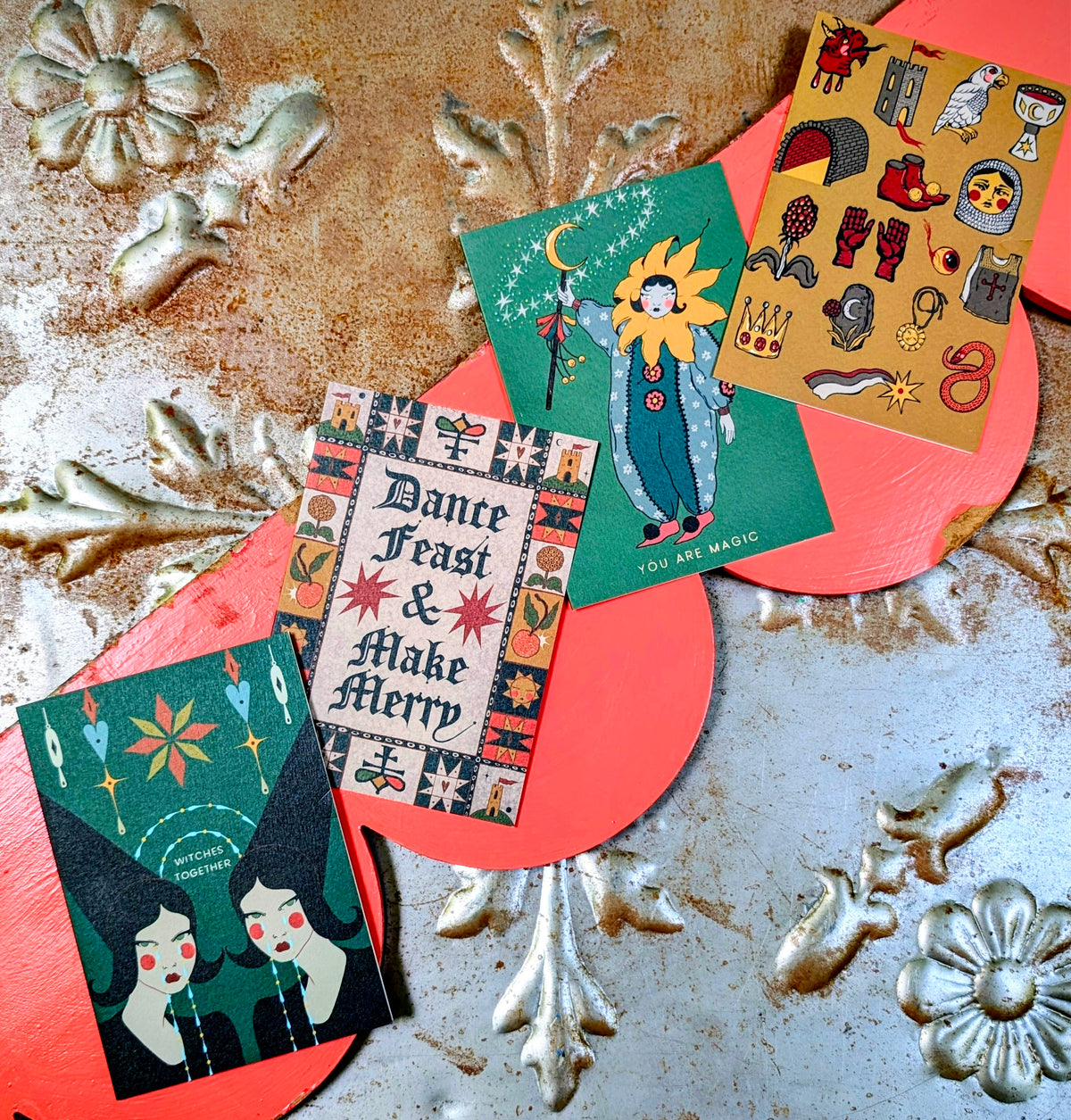 Darkly beautiful witchy woo set of 4 folkloric inspired cards.

We think these will end up being framed by whoever is lucky enough to receive them!!

Illustrations by Piece of the Peach.

Set of 4 cards with envelopes.

15cm x 10.5cm 