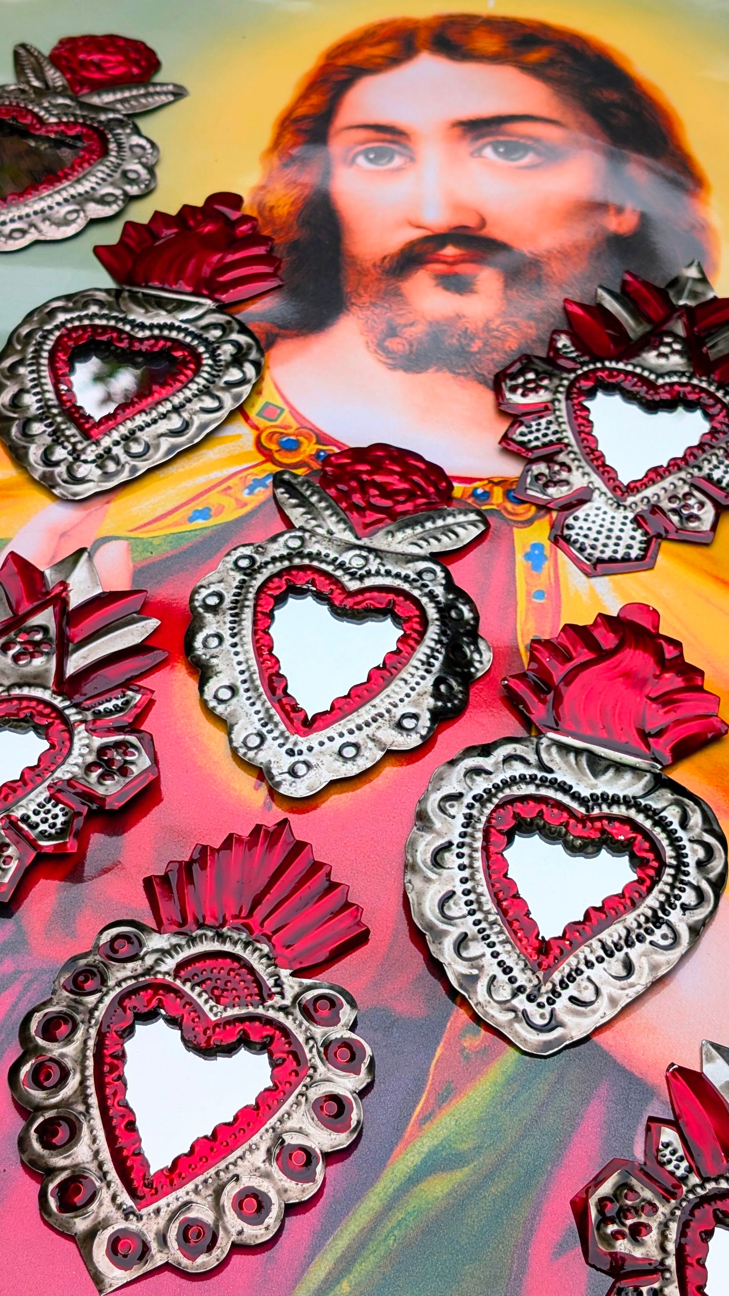 Red Sacred heart tin mirrors