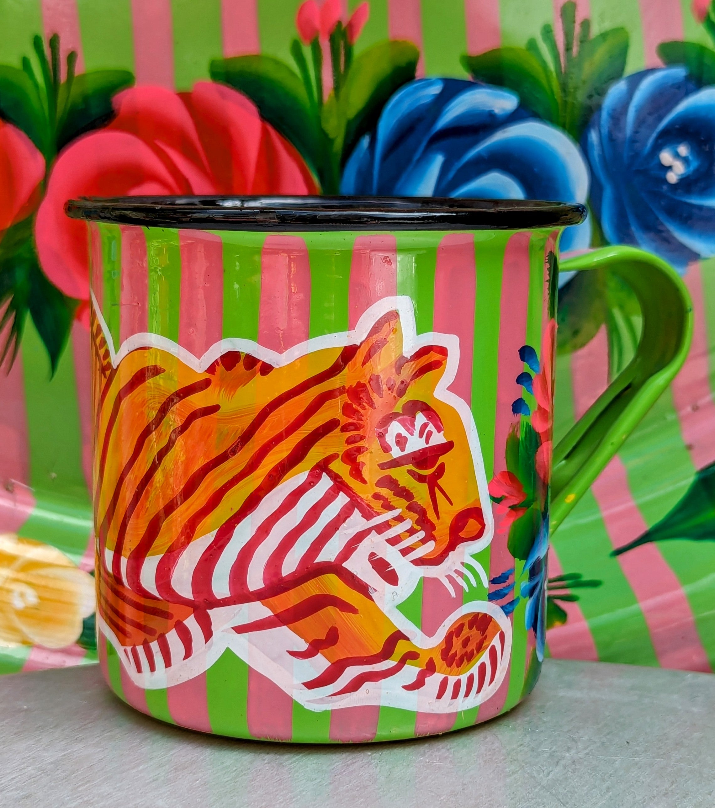 Painted truck art enamel mugs - pink stripes