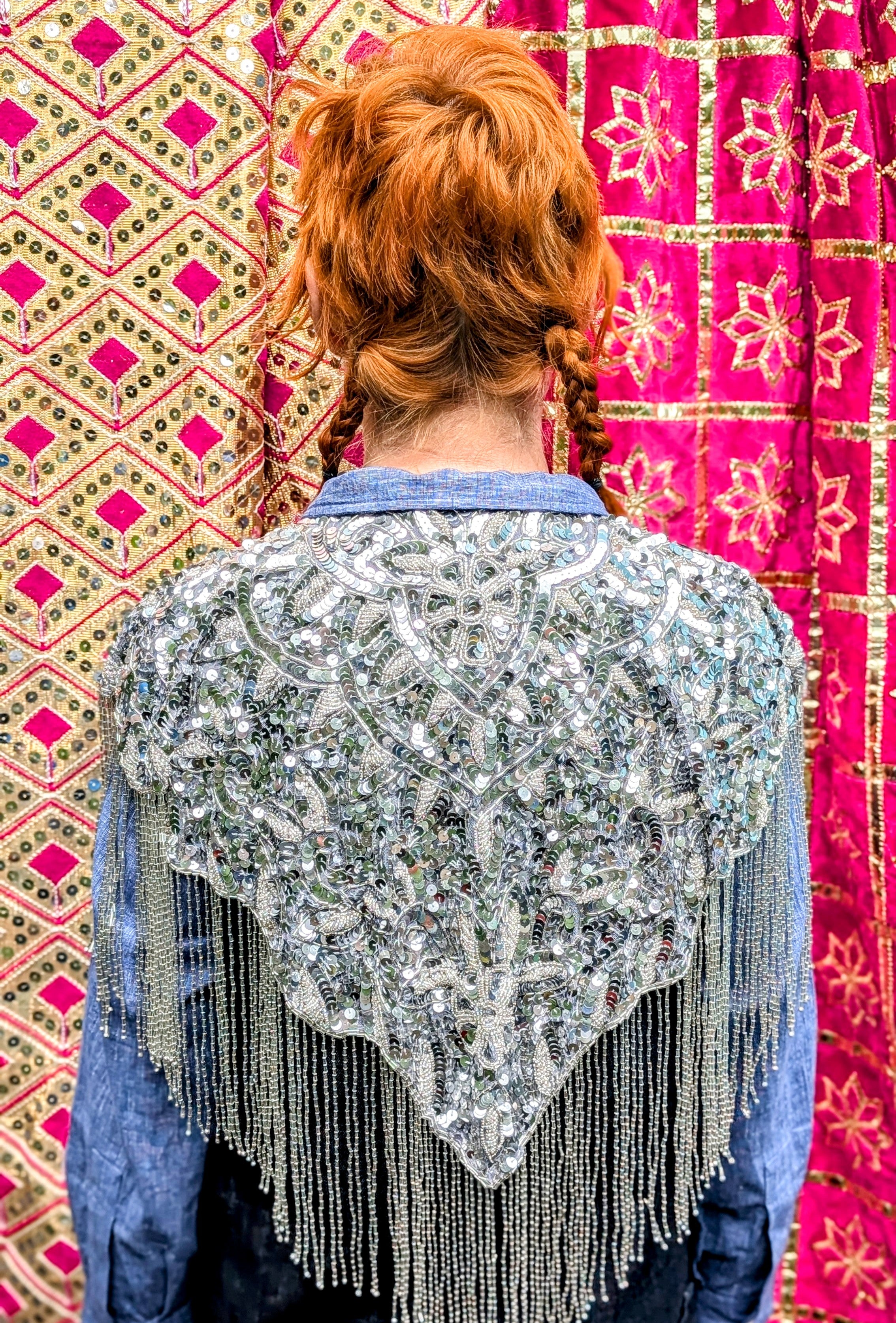 Encrusted gold or silver sequin cape