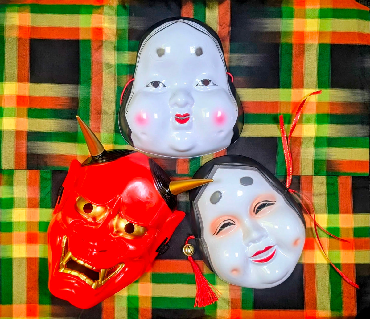 Traditional Japanese Noh and Kyogen theatre masks with the best characters!

The demon mask represents Oni (ogre) folkloric figures or Hannya- rage and jealousy!

The two ladies, Okame,  represent good fortune, happiness and mirth, more of that please!!

Hang them on the wall, or wear them for fun and parties, a Halloween essential too!!

Adult size

Stencil painted plastic.

 

 

 