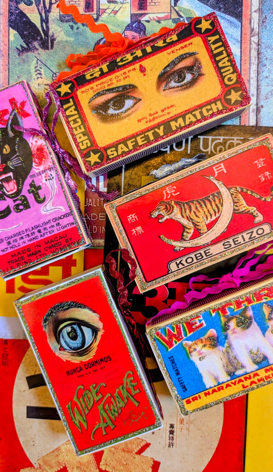 Strike a light!!
Hand decorated matchboxes with all our favourite
Strike a light!!
Hand decorated religious and demonic themed matchboxes. Super cute gift and also great as a gift box!
Standard cooks matchbox size. 6.7 x 12cm.
Please be aware that shipping to some countries is prohibited.

 

vintage Indian and Chinese vintage packaging designs.
Super cute gift and also great as a gift box!
Standard cooks matchbox size. 6.7 x 12cm.
Please be aware that shipping to some countries is prohibited.

 