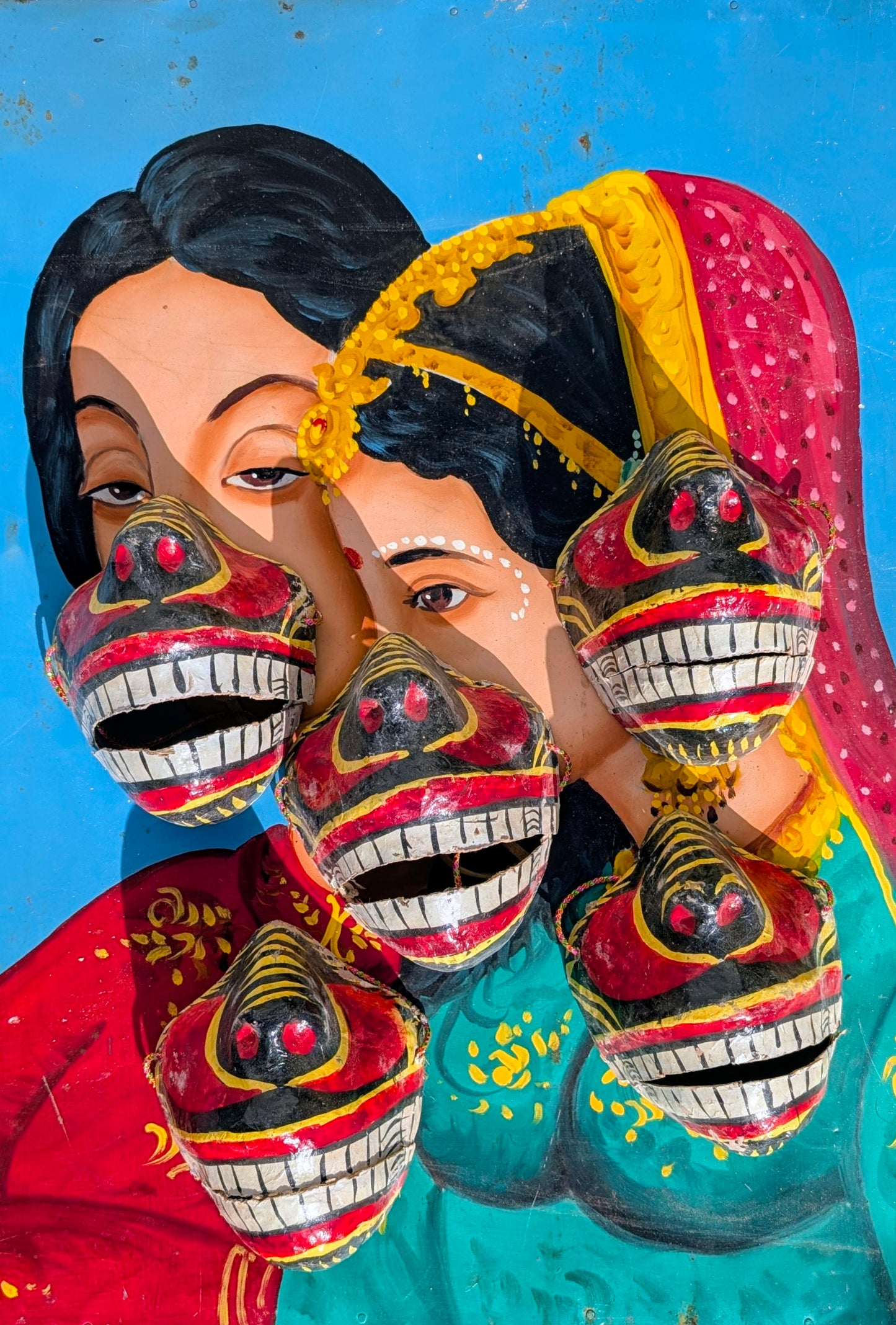 Made by hand from paper mache, these snouts are created for the many hindu festivals in India. A dying art that it sadly being pushed out by the mass produced plastic alternatives coming from China. We always trying to source handmade items and keep these traditions alive, but as most of these aren't made now in Delhi, these are mainly vintage.

These can be worn, all move and open with your mouth ,but are delicate , they look fabulous hung on statues or added to masks too!!

These are genuine folk art piec