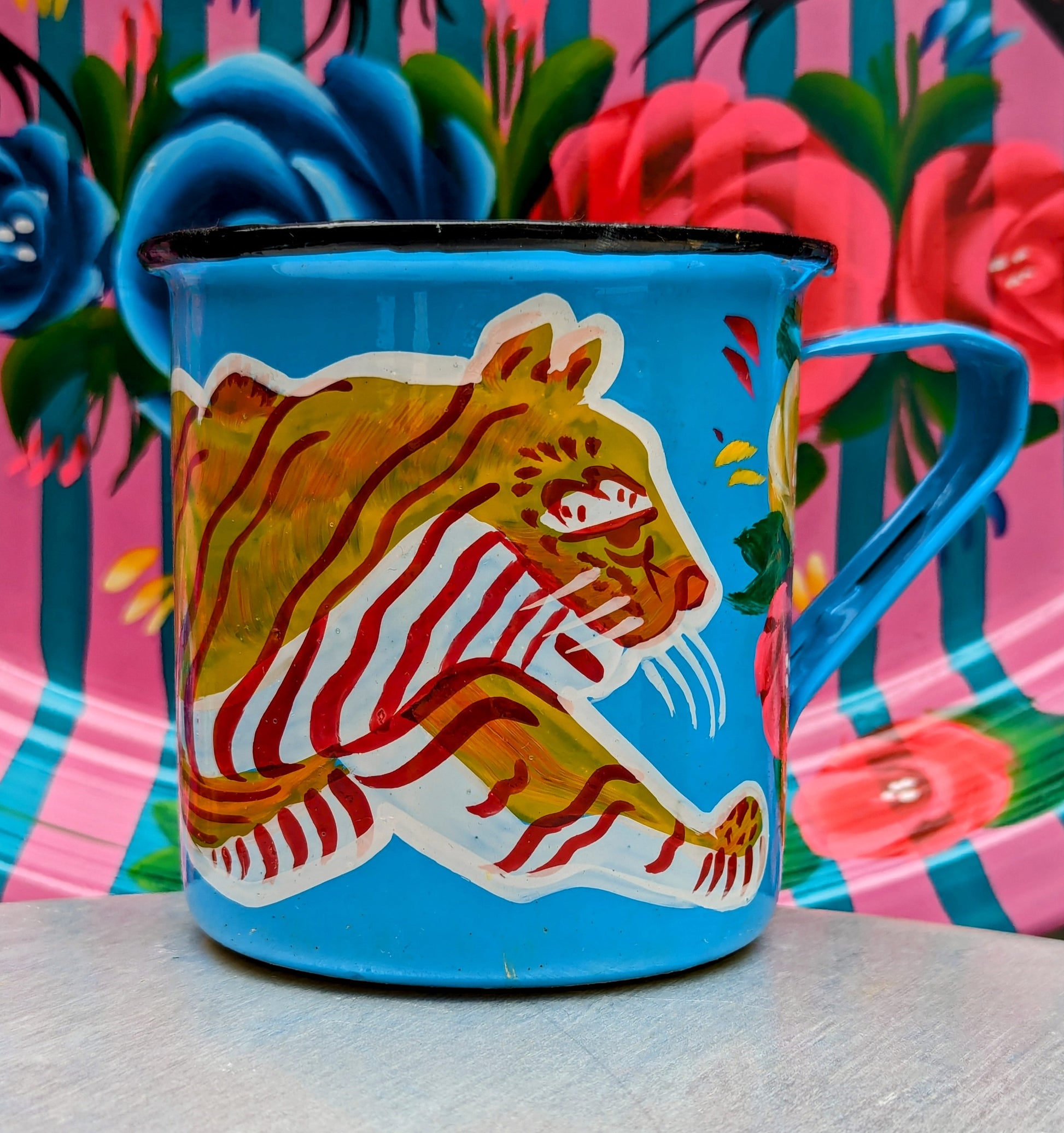 Painted truck art enamel mugs - blues