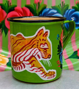 Painted truck art enamel mugs - greens