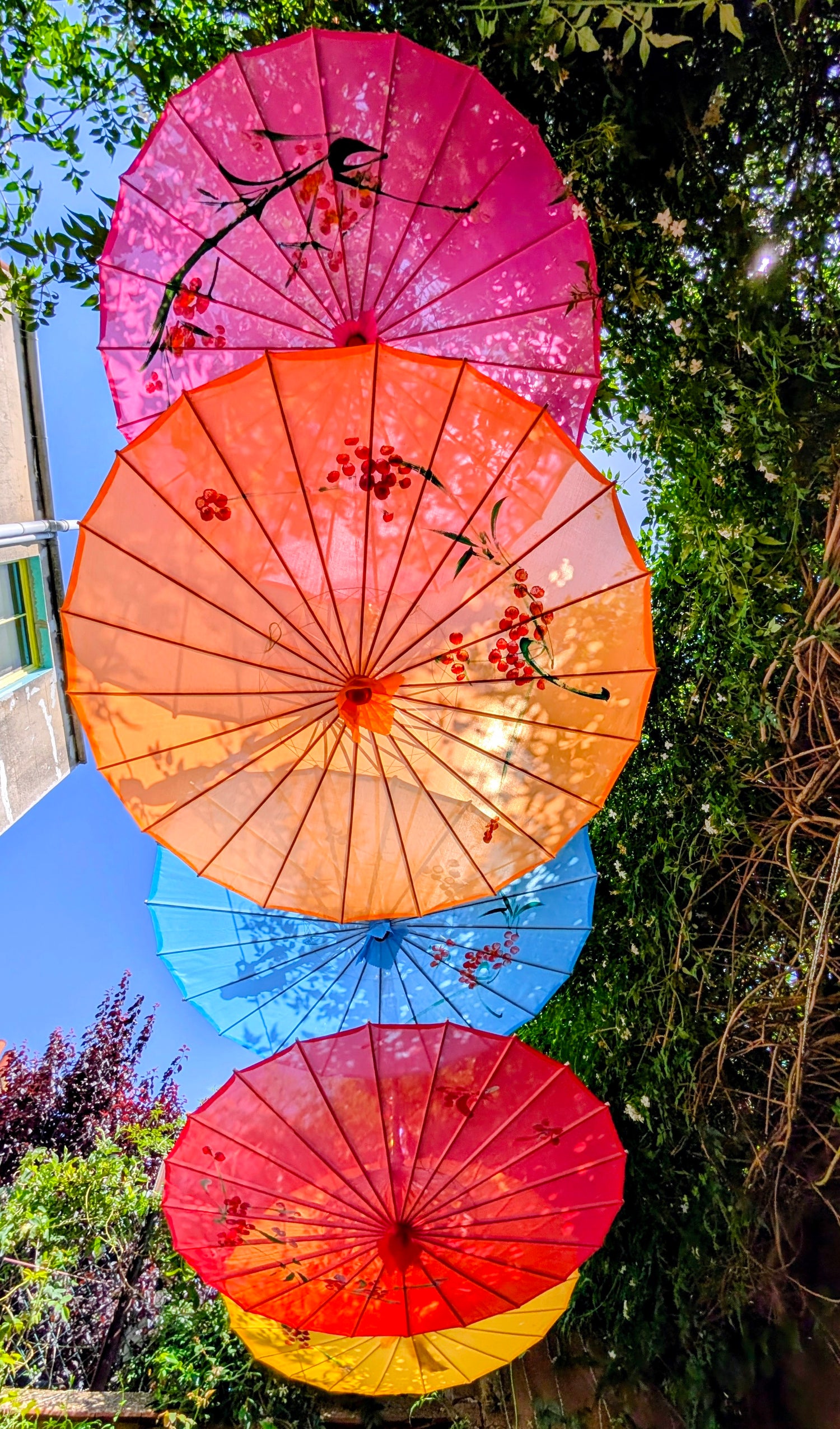 Be more peacock in the heat!! handpainted bamboo and hand painted classic and cute parasol for shading, picnics, parties, festivals and steamy menopause moments!!

Also make fabulous display pieces on ceilings or corners, we are so happy that these are still being made and used in a great tradition!!

Wood/ bamboo,hand painted fabric, poly.

Open size is 80cm diameter 

 

 