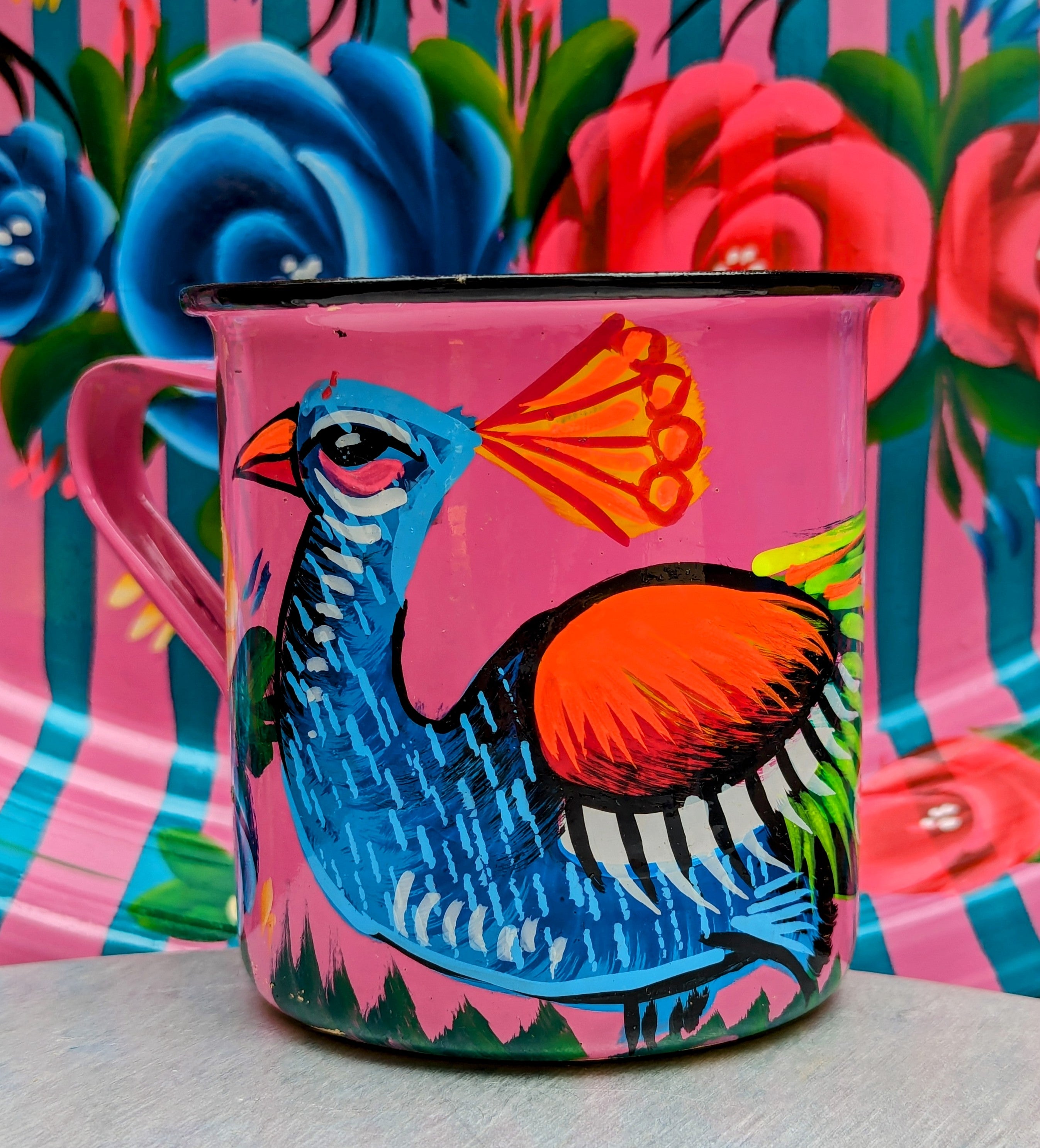 Painted truck art enamel mugs - hot pink