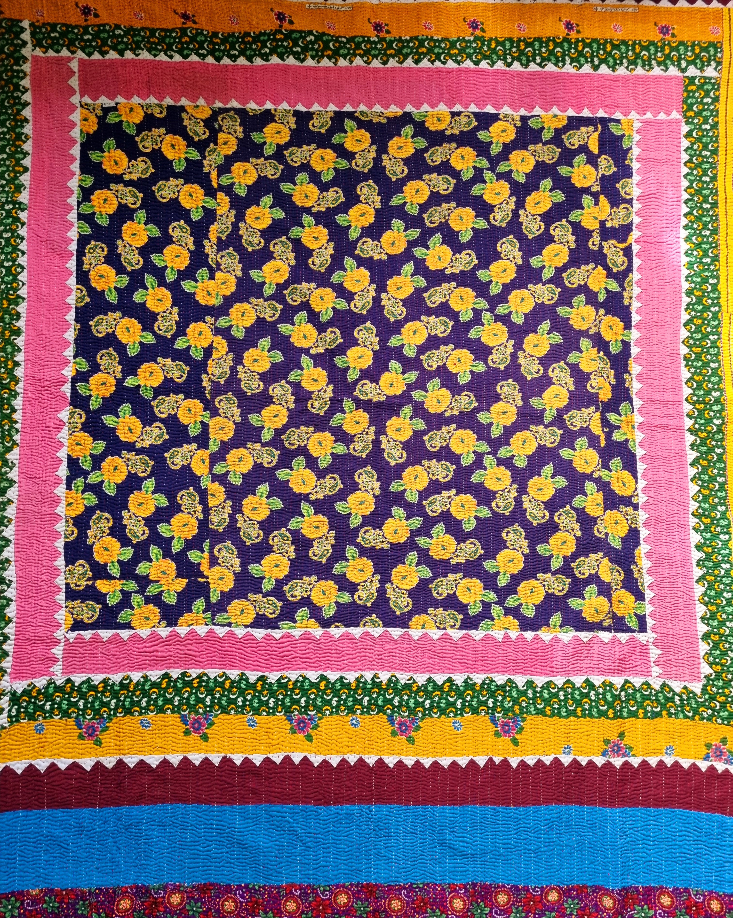 Vintage Pakistani kantha quilts - blue and yellow floral with moon and star border
