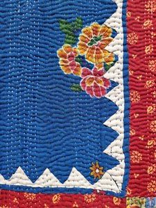 Vintage Pakistani kantha quilts - blue and red floral patch