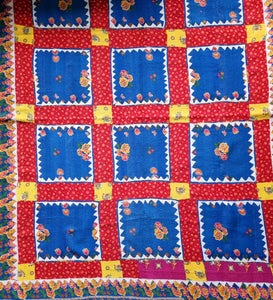 Vintage Pakistani kantha quilts - blue and red floral patch
