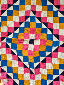 Vintage Pakistani kantha quilts - pink mustard and blue check