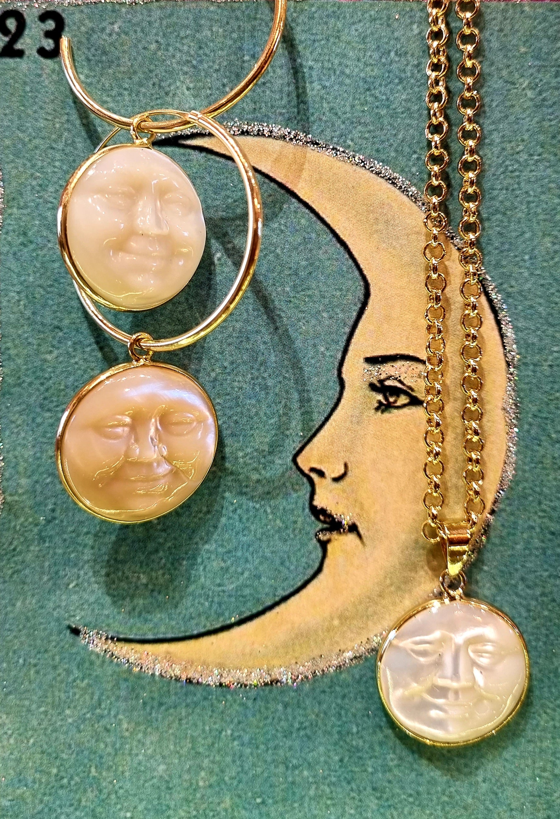 Full moon carved mother of pearl earrings and necklace