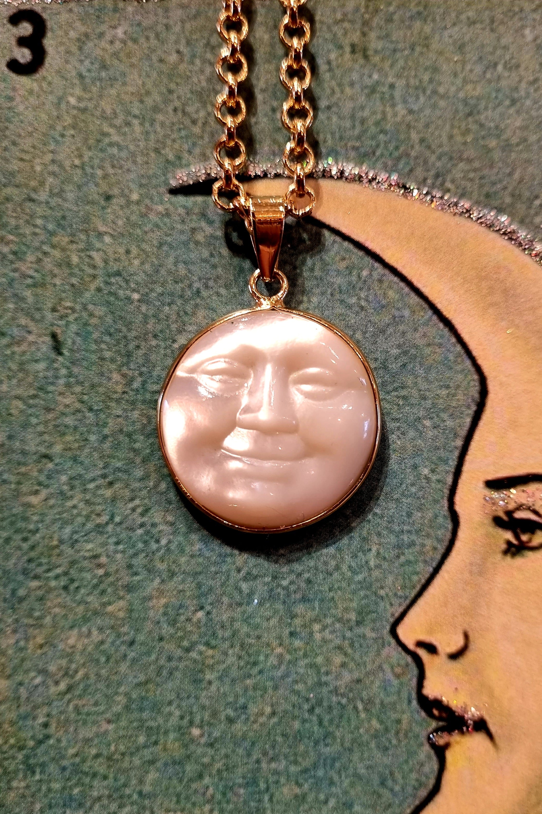Full moon carved mother of pearl earrings and necklace