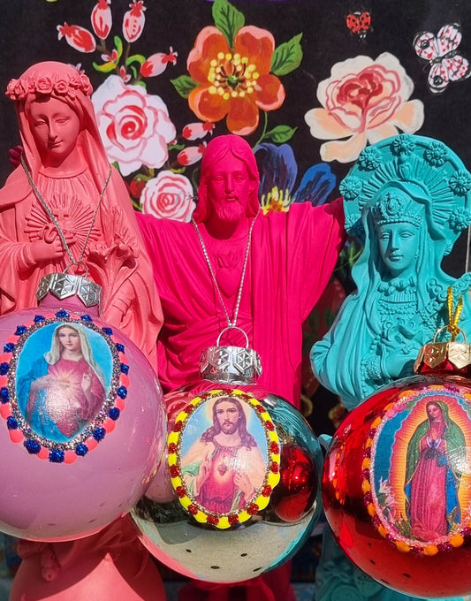 Kitsch catholic glass baubles