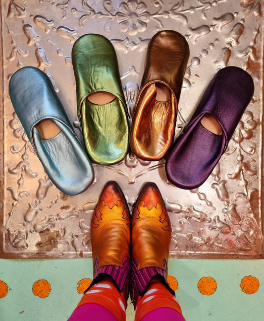 Soft leather metallic slippers .. size 42