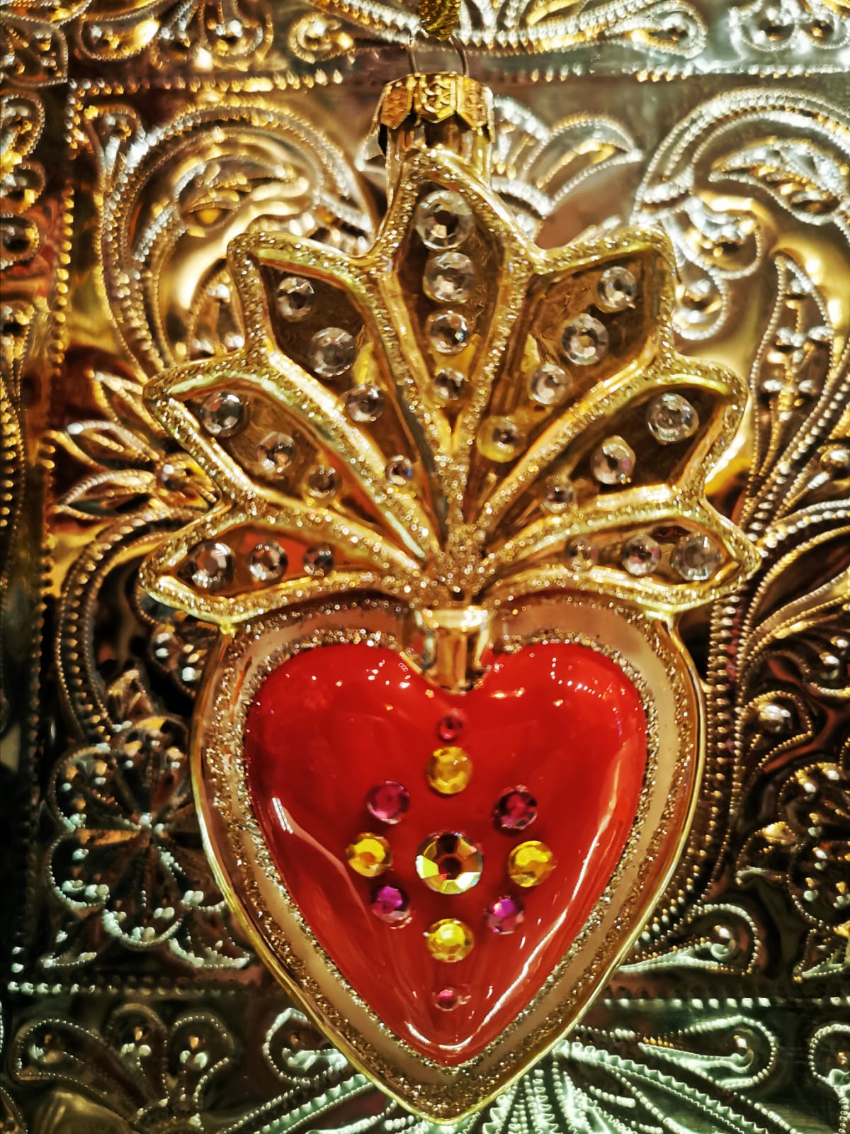Red sacred heart christmas decoration. This fantastic sacred heart ornament will bring some catholic christmas glitz to your Christmas tree or festive holiday display.