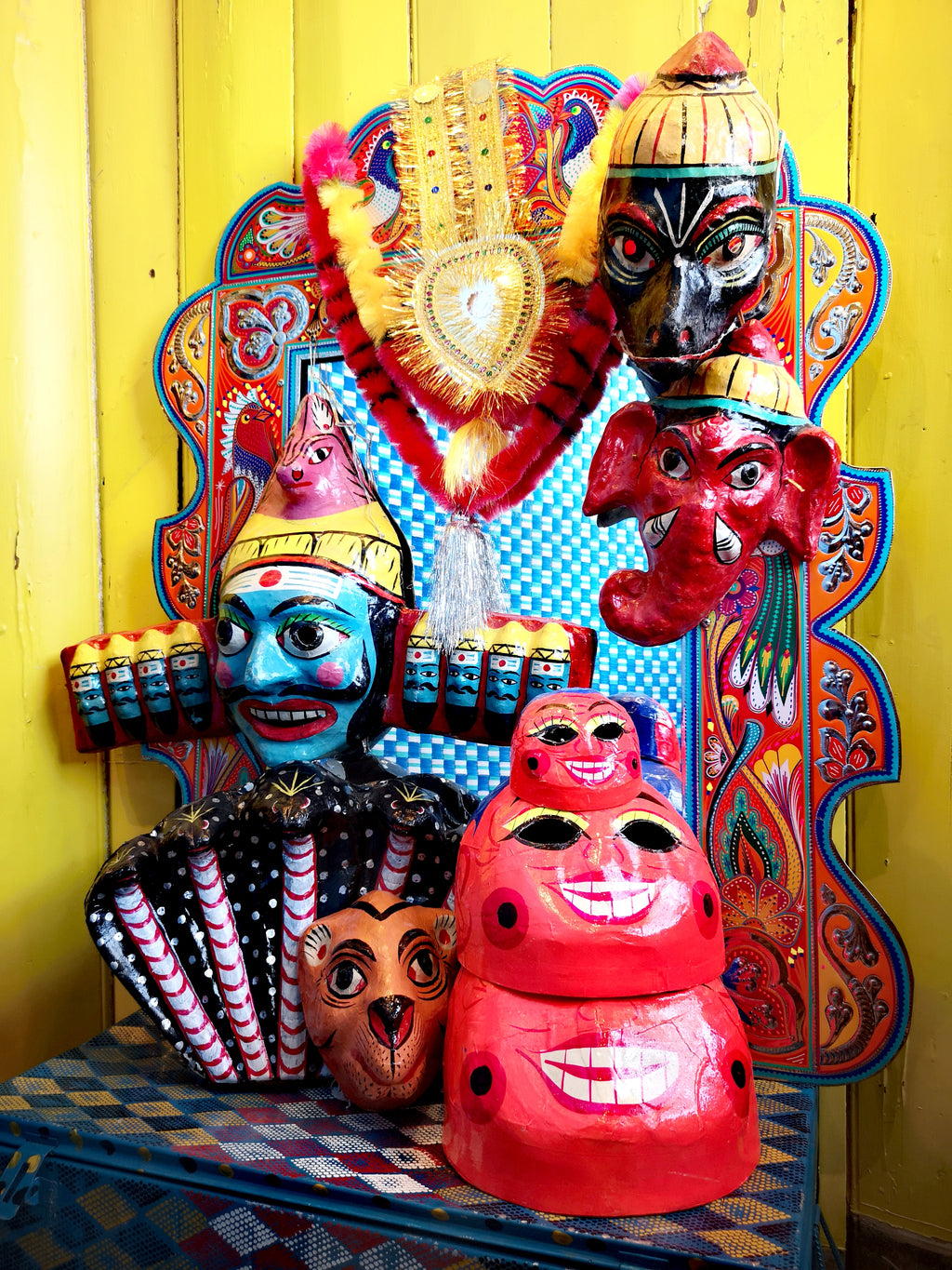 Indian paper mache hindu god masks