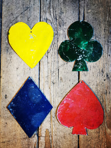 love a playing card reference here!, these recycled metal sets are made roadside in Rajasthan and sold to decorate the super gorgeous trucks, the higher the level of decoration, the higher the level of protection from the Gods!! These look fab nailed to a door or hung from a tree!, decorate everything!!

Galvanised and painted steel. 

Approx 18cm x 16cm each

Sold as a set of 4


