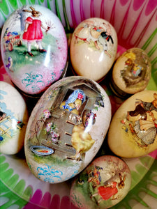 Beautiful German card eggs with vintage Easter illustrations, ready to fill with treats!

Paper and card

11cm x 7cm x 7cm

