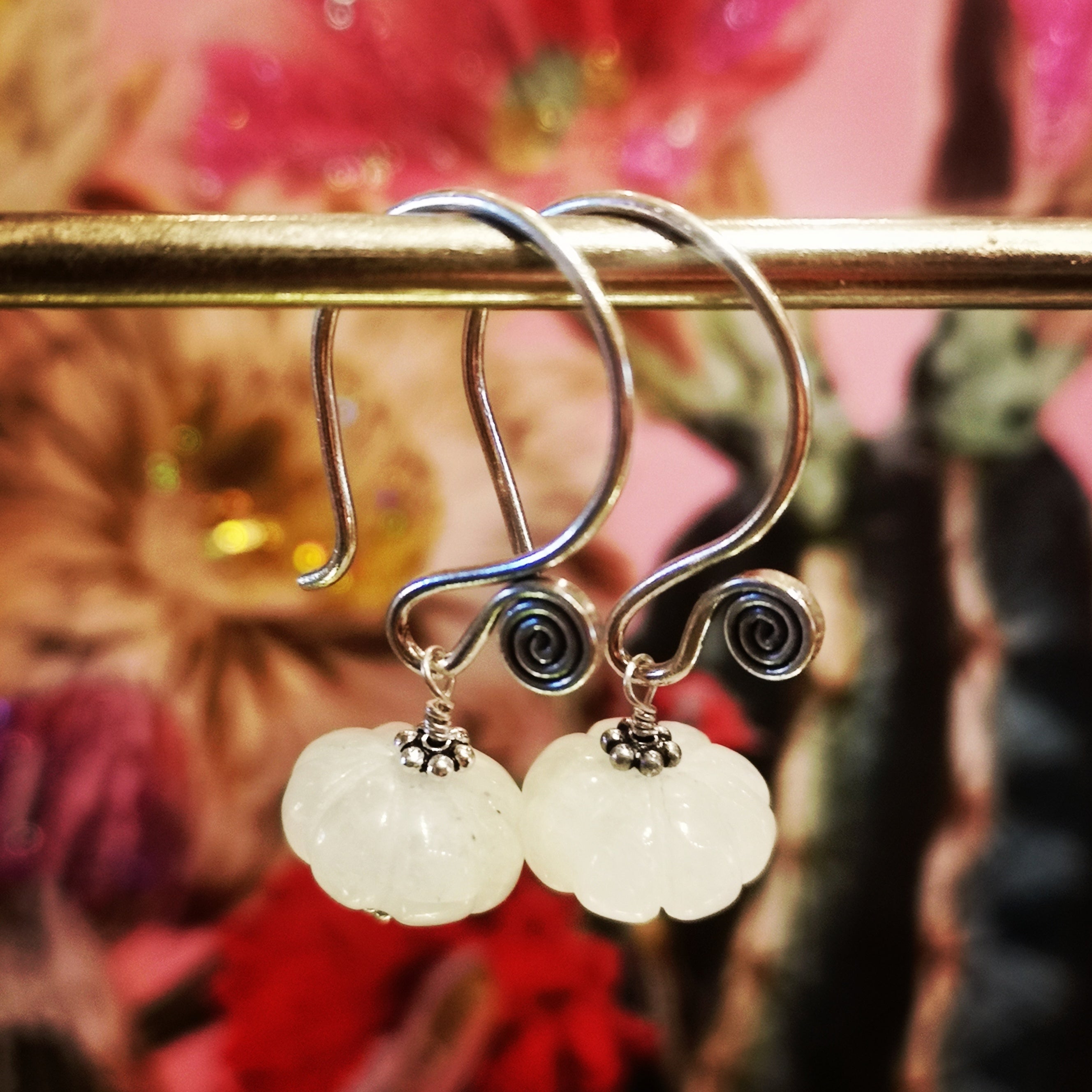 Carved silver moonstone earrings