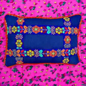 Folk art embroidered & hand spun cushion
