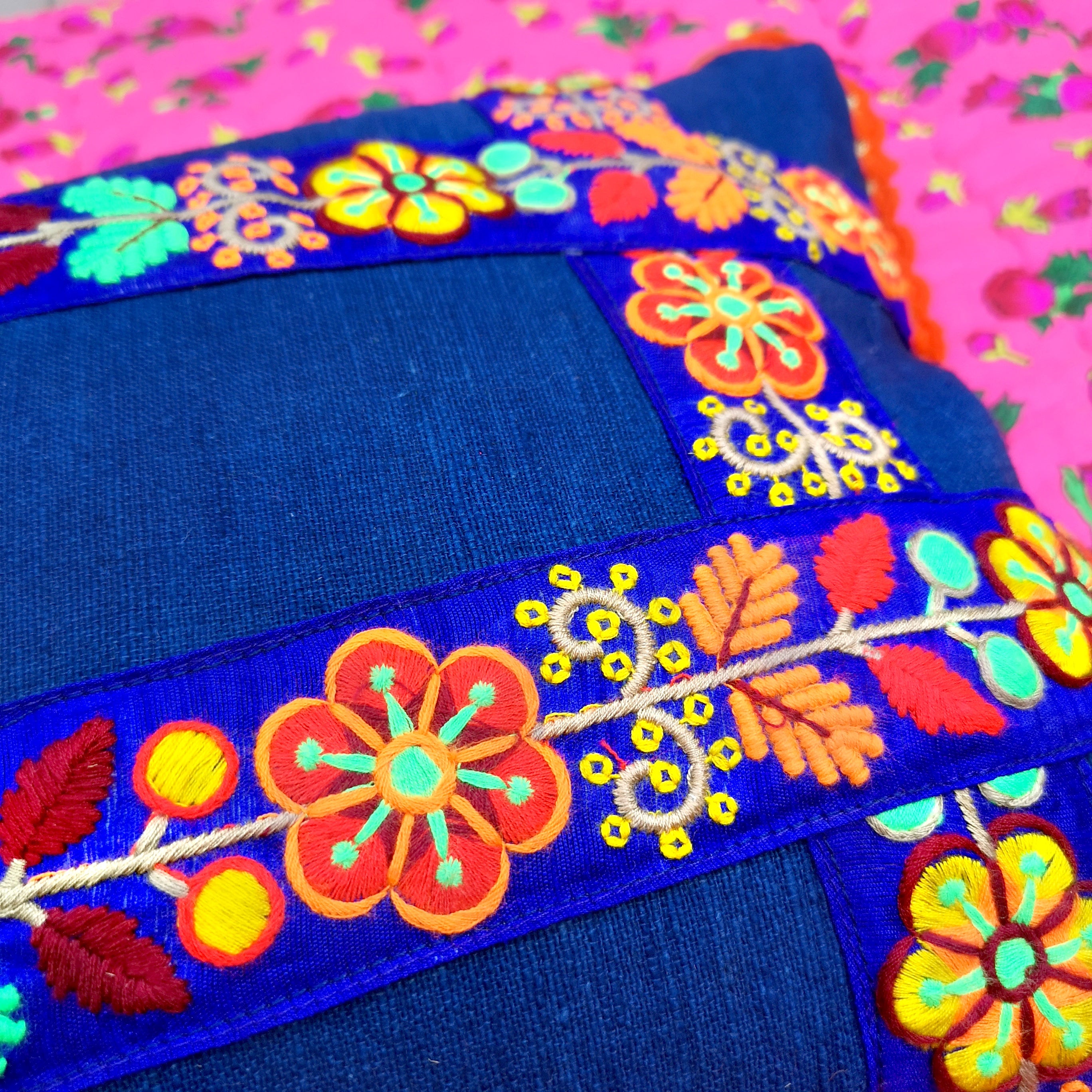 Folk art embroidered & hand spun cushion