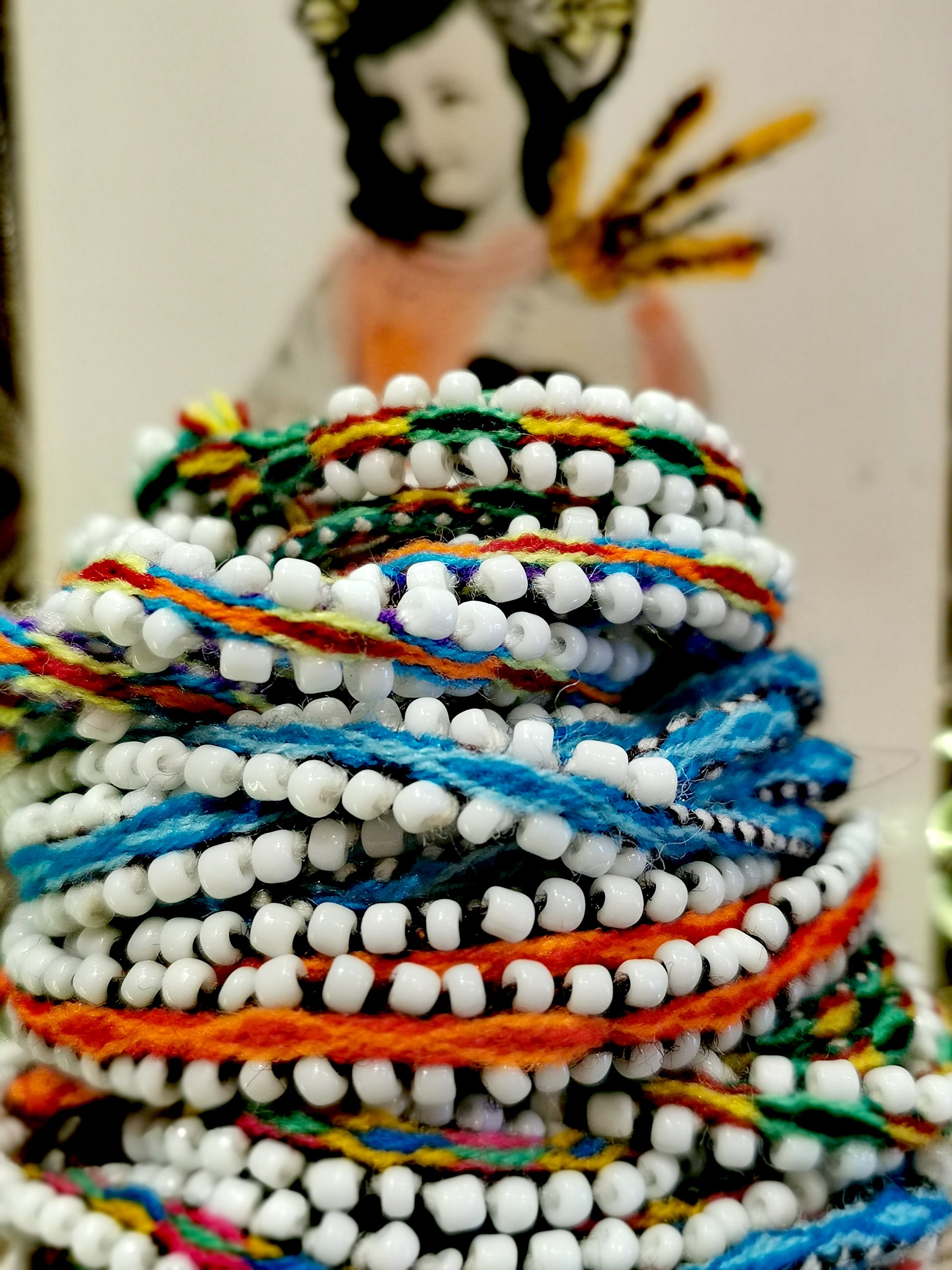 Handwoven near Cusco, these soft hand woven and beaded cords can be use to wrap around your wrists,neck.... hat..???...as you like, they are just lovely!!

75cm long

Wool with glass beads

