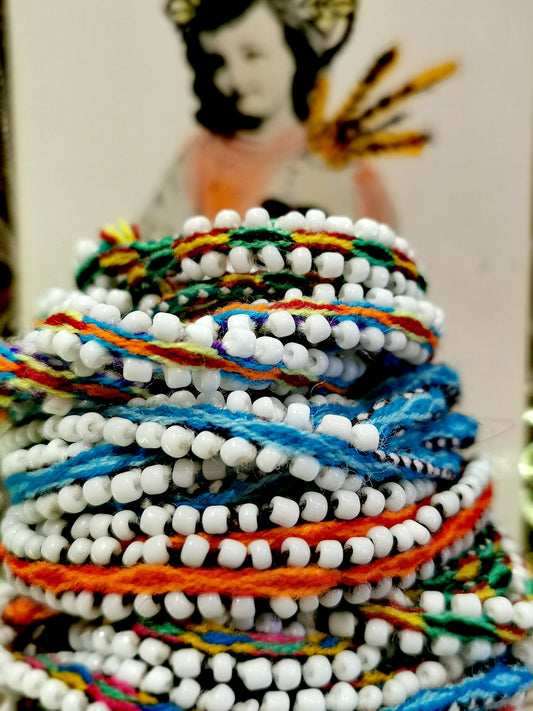 Handwoven near Cusco, these soft hand woven and beaded cords can be use to wrap around your wrists,neck.... hat..???...as you like, they are just lovely!!

75cm long

Wool with glass beads


