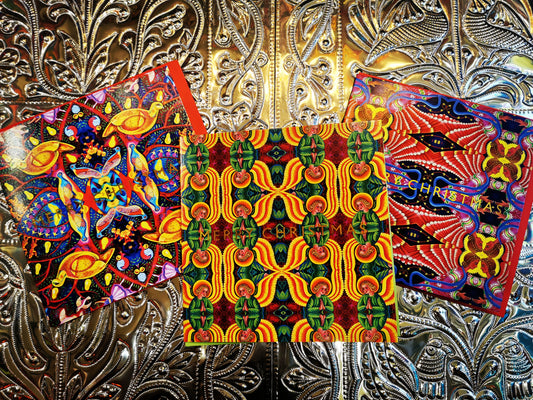Beautiful bright repeat patterns inspired by world textiles by local artist Jane Tattersfield. 

Sold as a set of 3

