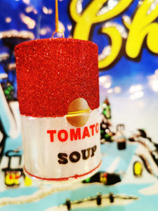 A bauble for the foodies and the Warhol fans!! Tomato soup canin a glass, glittered hanging ornament.c

8m x 5cm x 5cm

Glass and glitter

