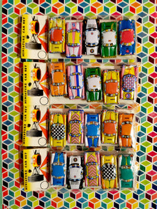 Set of 5 miniature  Japanese cars, with the BEST carded packaging, the same great designs produced in the same way since the 60s!

Sold as a set of 5.

Printed tin and plastic wheels.

Not suitable for children, collectors only


