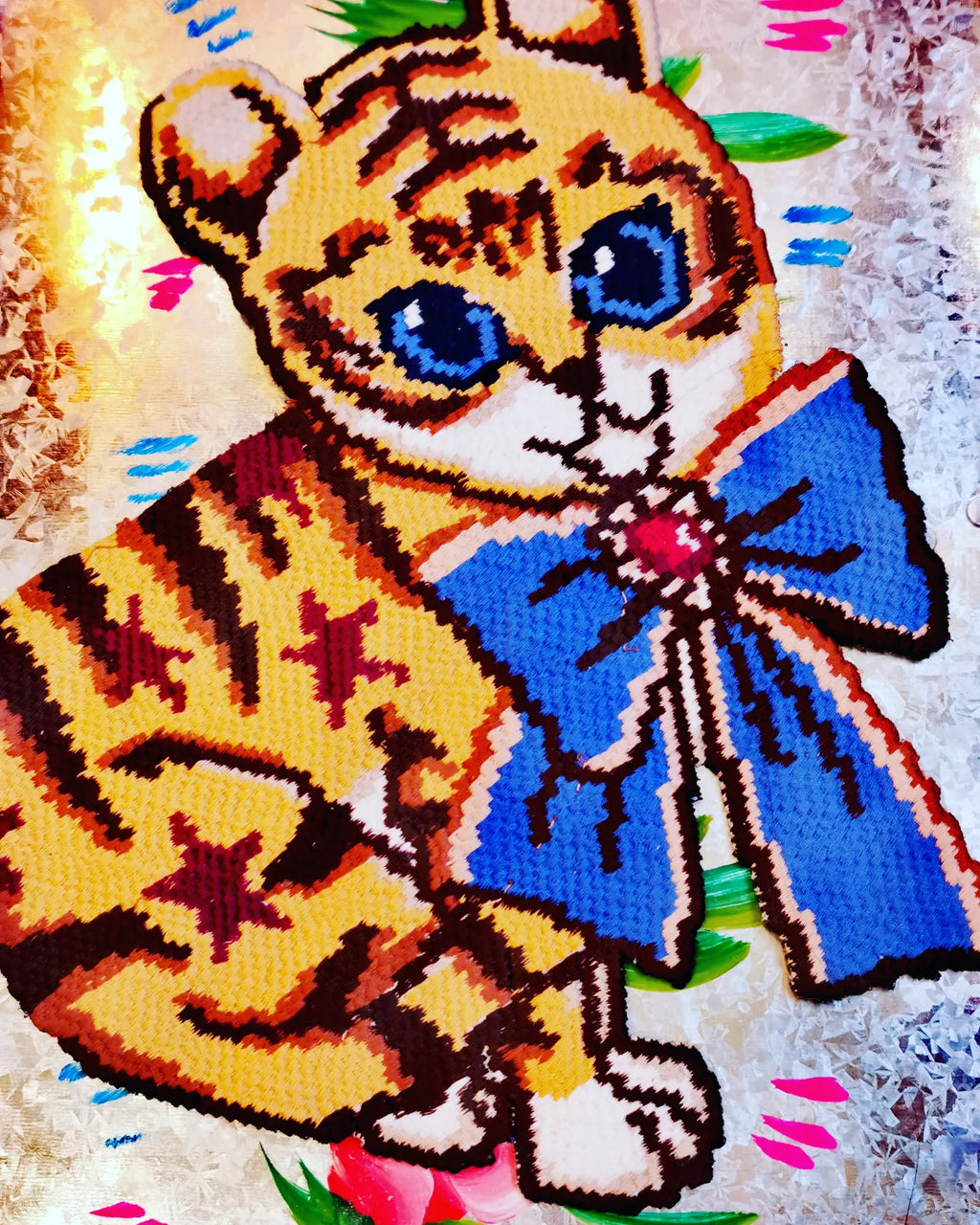 Cute and kitsch kitten patch in needlepoint style embroidery to add to your own needlepoints or clothes and cushions, decorate everything!!

26 x 23cm

Cotton

